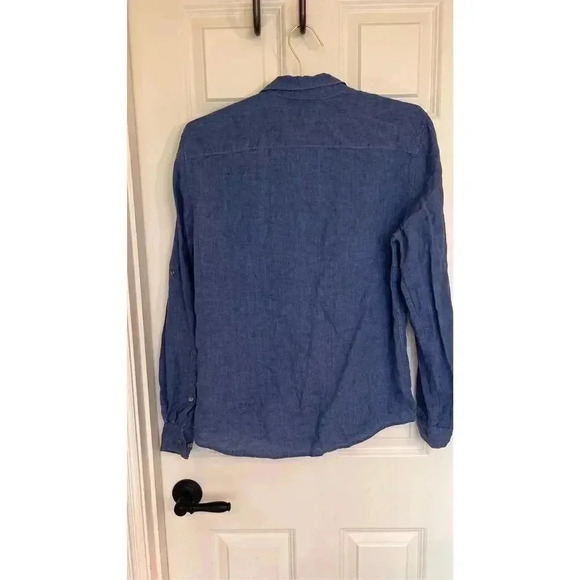 Perry Ellis Women’s Medium Blue 100% Linen Long Sleeve Button Down Shirt Top - Picture 3 of 8
